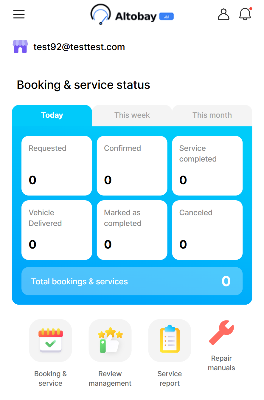 Dashboard showing booking counts by status: requested, confirmed, service completed, vehicle delivered, marked as completed, and canceled