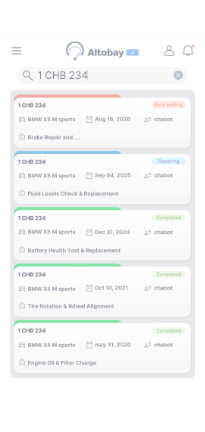 Vehicle Cloud Search results list in the Altobay.ai app