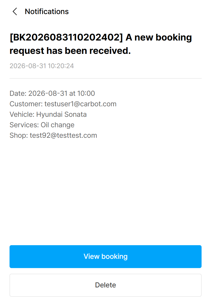 Notification detail screen showing a new booking request with date, customer, vehicle, and service
